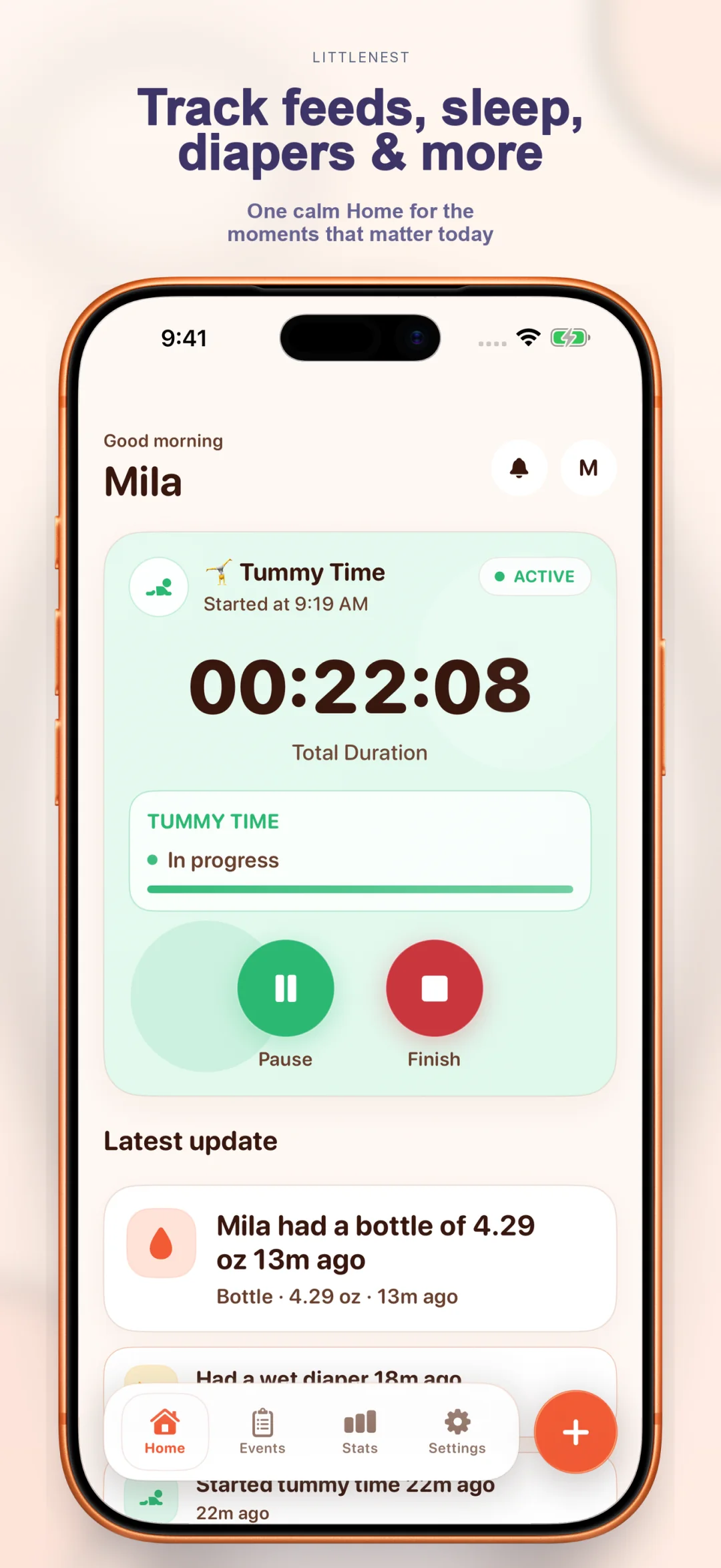 LittleNest home screen showing feeds, sleep, diapers, and more