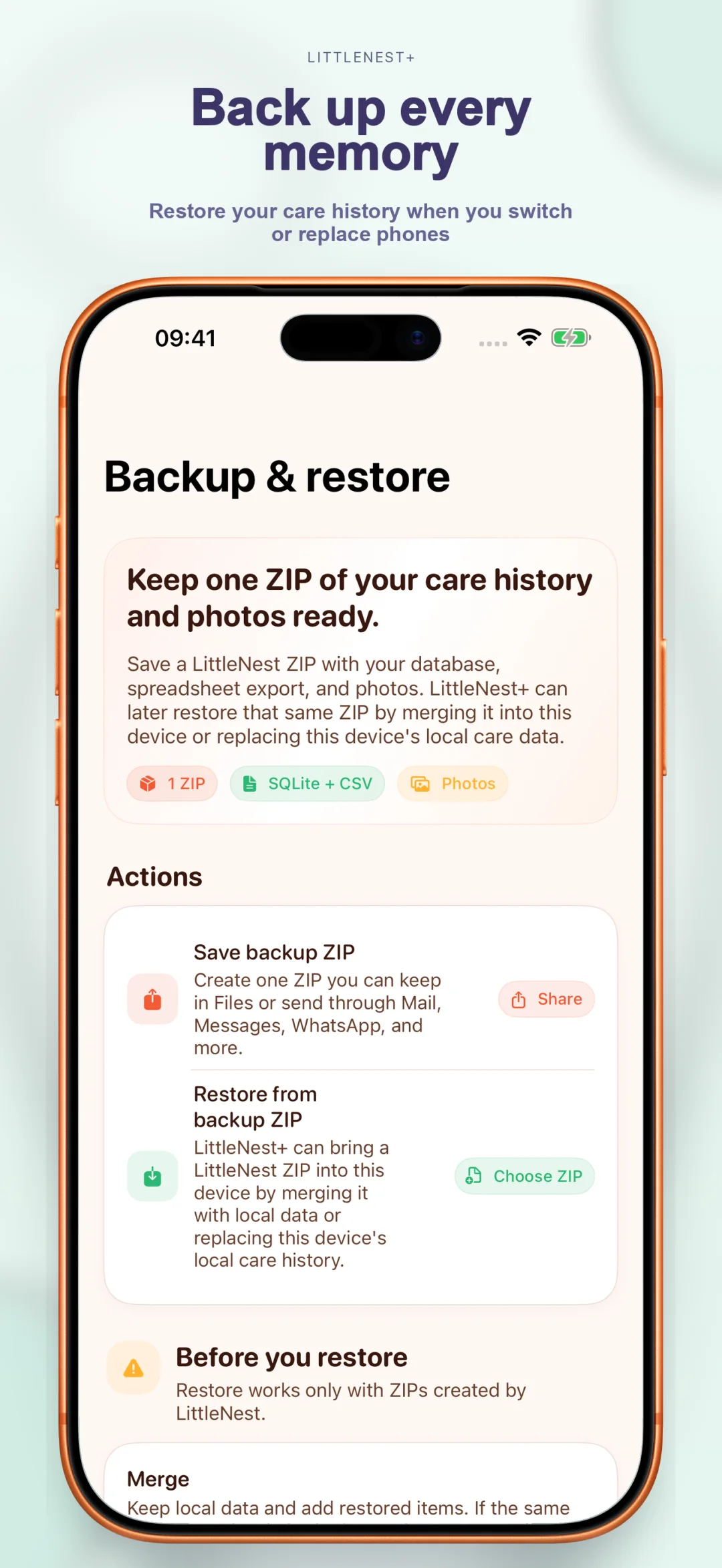 Cloud backup of care history
